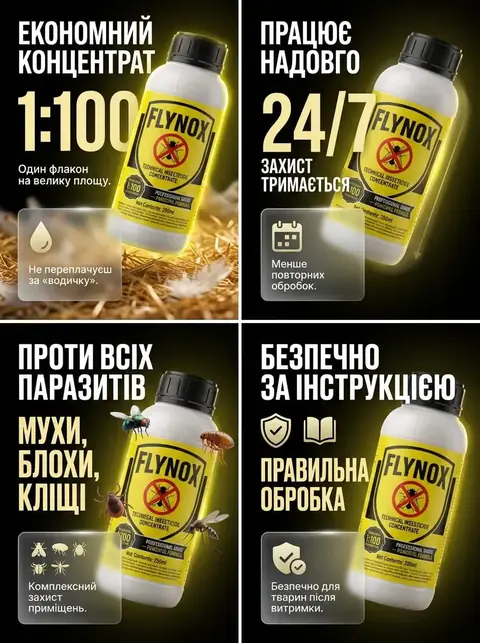 Переваги FLYNOX: економний концентрат 1:100, працює надовго, проти всіх паразитів, безпечно за інструкцією